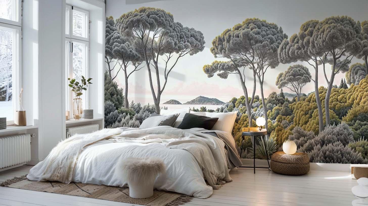 Chambre d'hôtel avec linge de lit premium blanc, mur décoratif forêt, ambiance écoresponsable et lumineuse