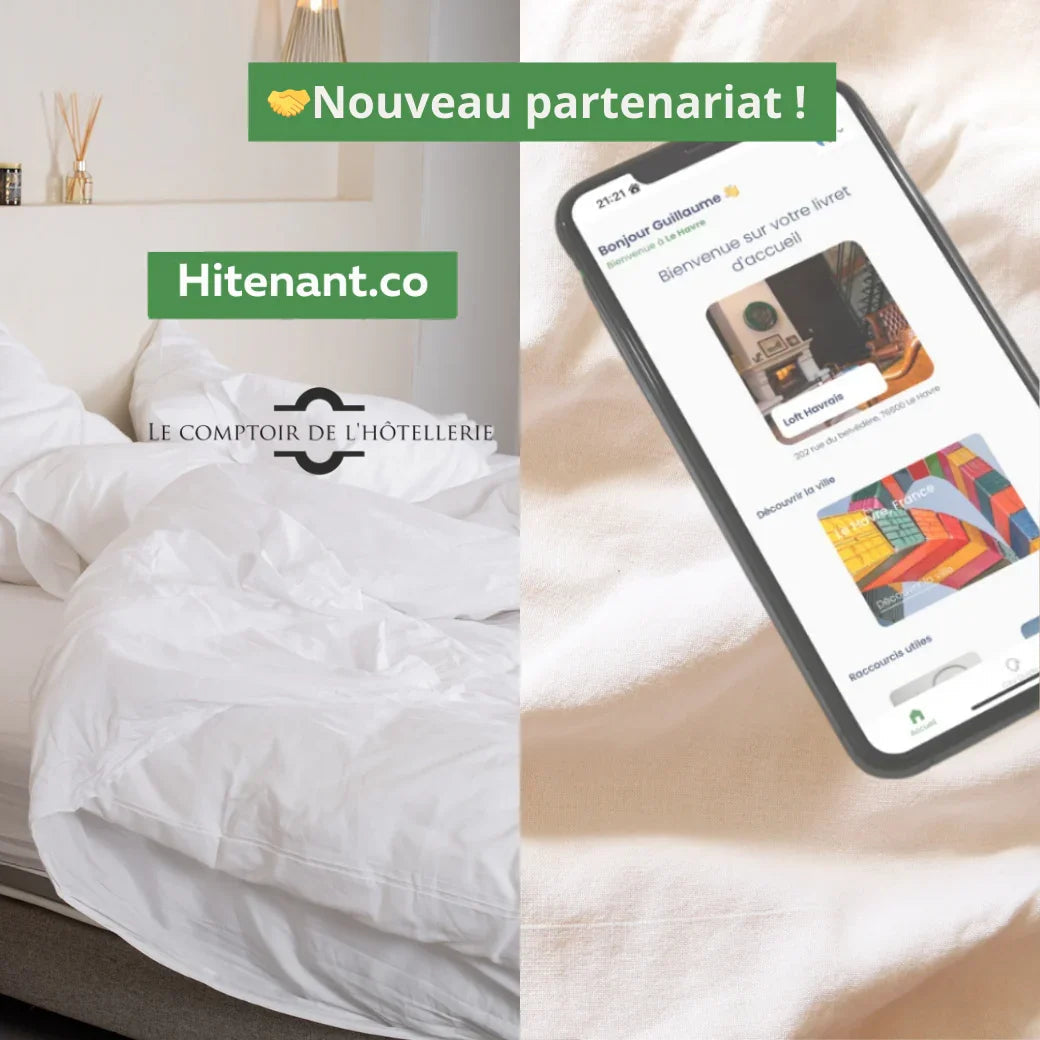 Annonce nouveau partenariat entre Hitenant.co et Le Comptoir de l'Hôtellerie avec smartphone et lit