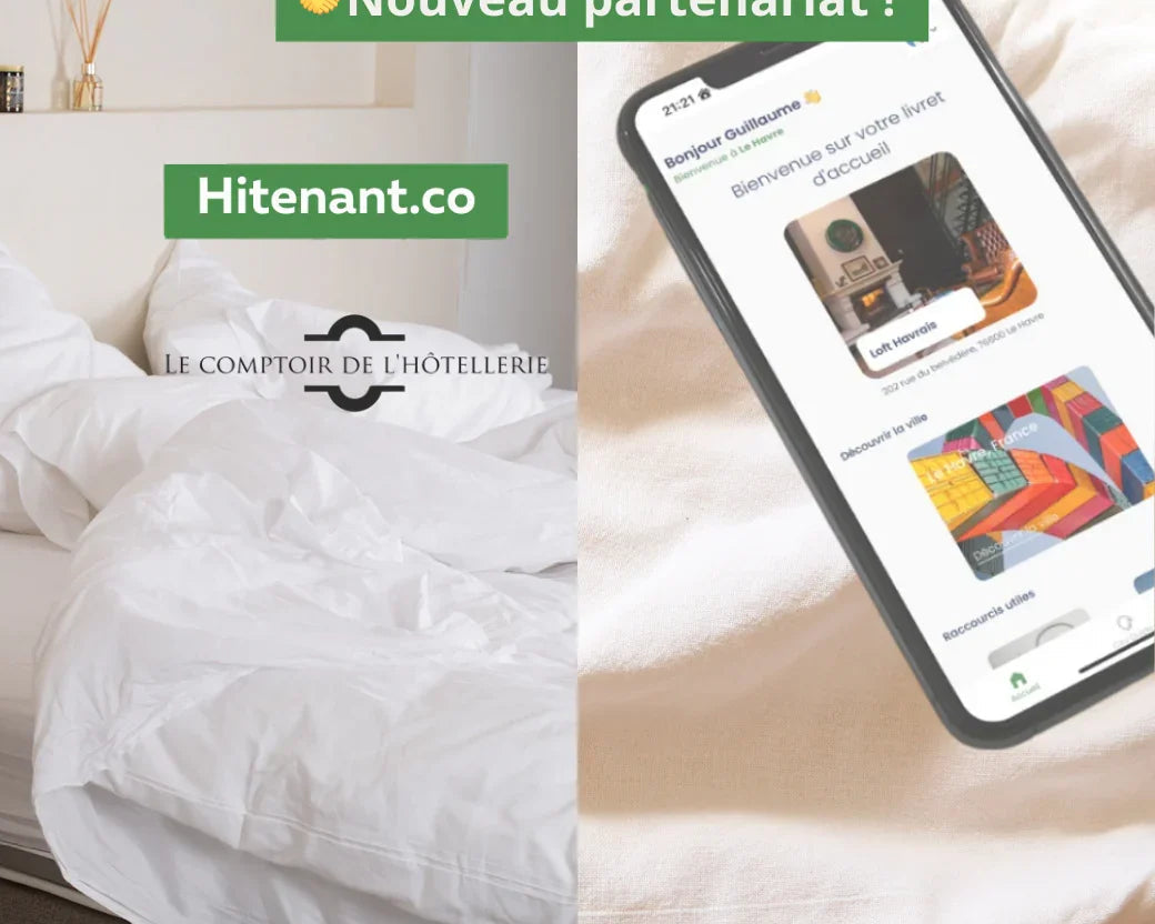 Annonce nouveau partenariat entre Hitenant.co et Le Comptoir de l'Hôtellerie avec smartphone et lit