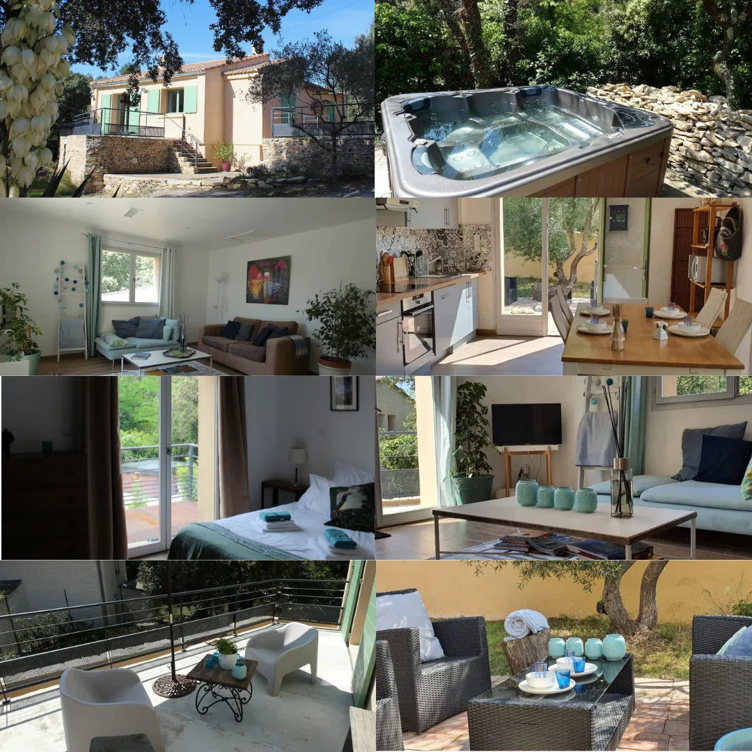 Maison provençale avec terrasse, jacuzzi extérieur, salon moderne, cuisine équipée et jardin aménagé
