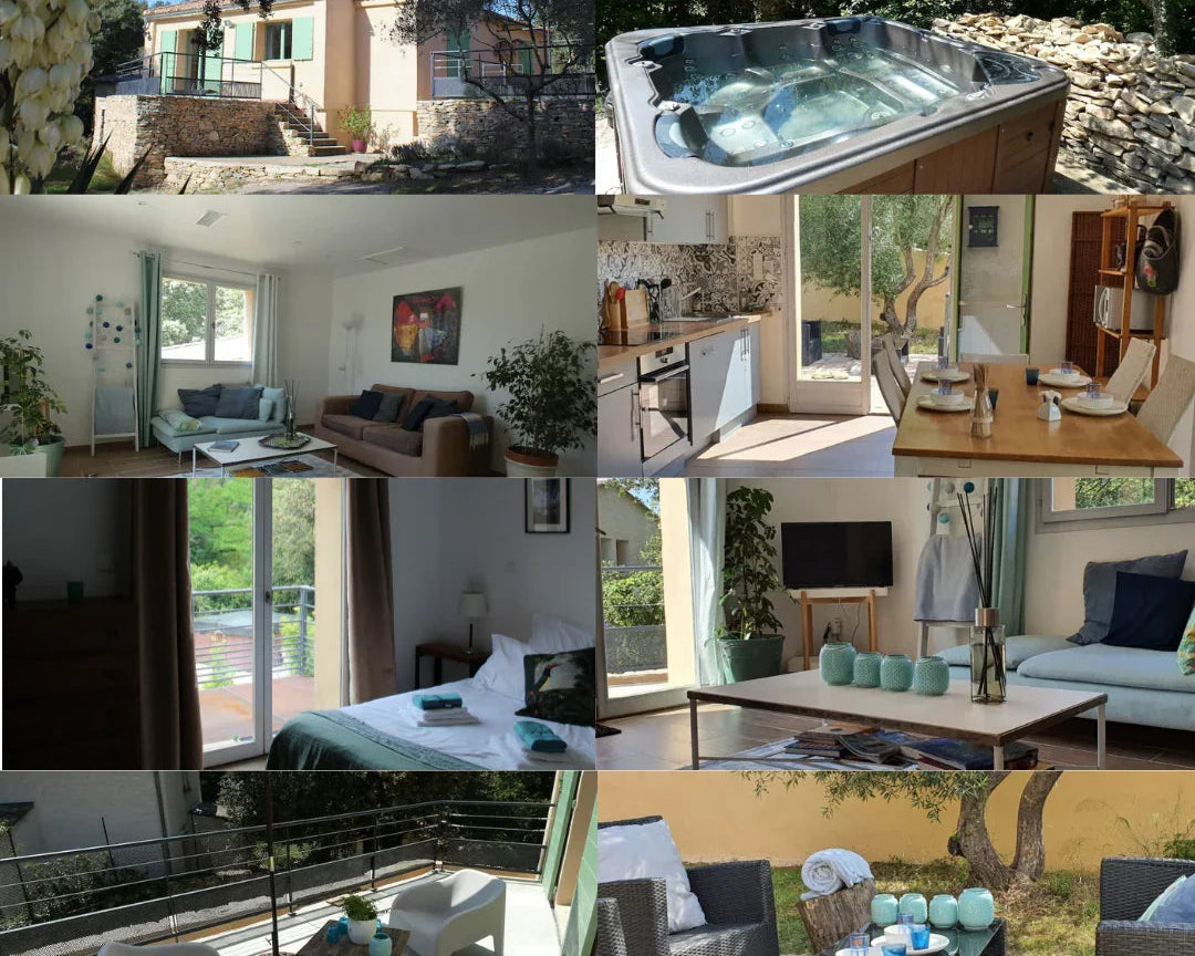 Villa avec jacuzzi, intérieur moderne et terrasse pour hôtel ou maison d'hôtes, linge hôtelier premium